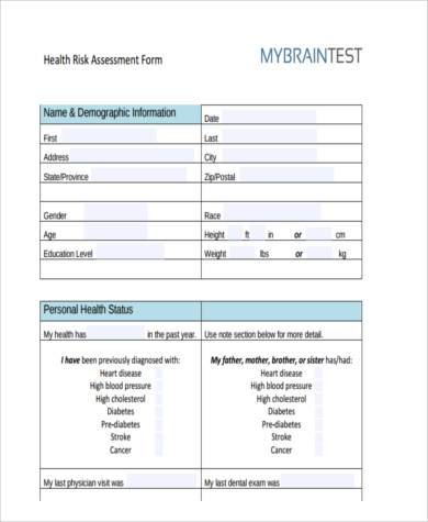 personal health risk assessment form