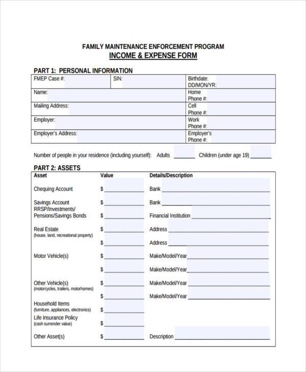 personal income and expense form