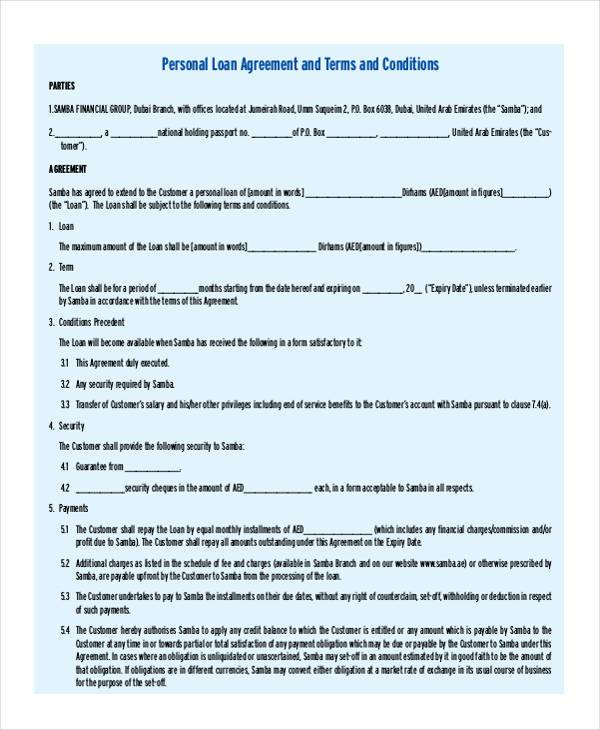personal loan agreement sample form