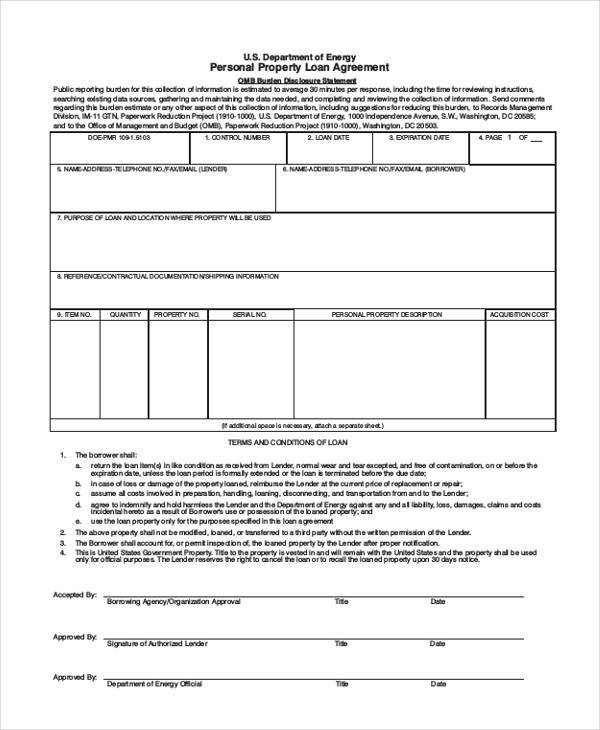 personal property loan agreement form