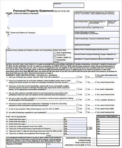 personal property statement form