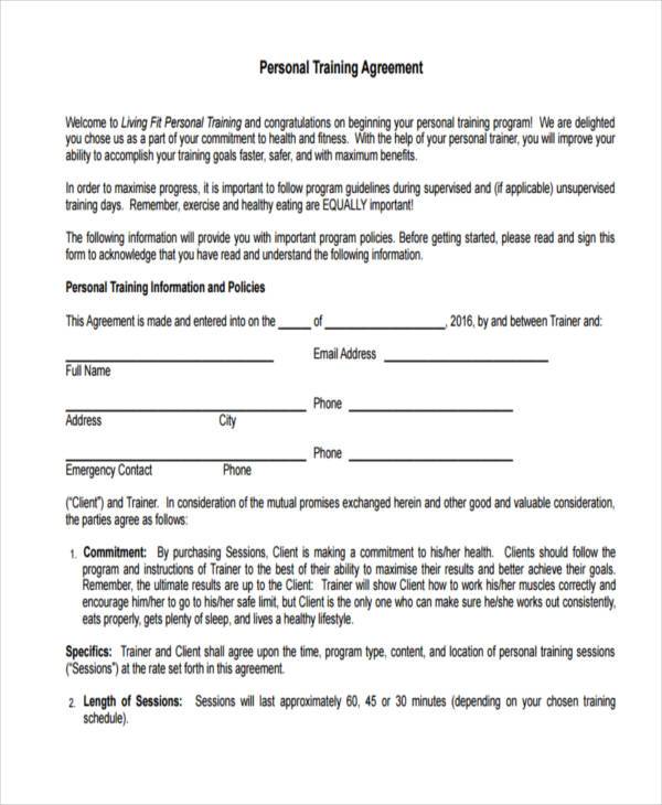 personal training agreement form example