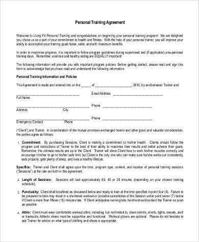 personal training agreement form