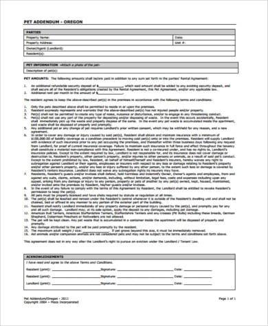 pet agreement addendum form1