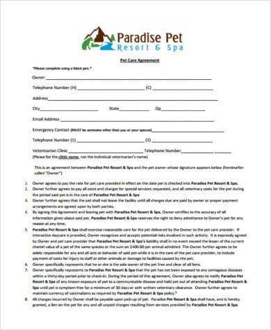 pet care agreement form