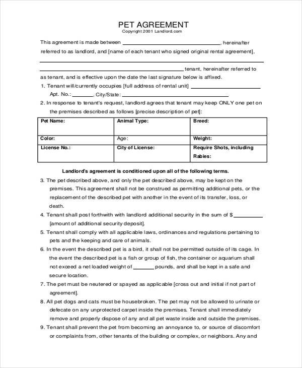 pet deposit agreement form example