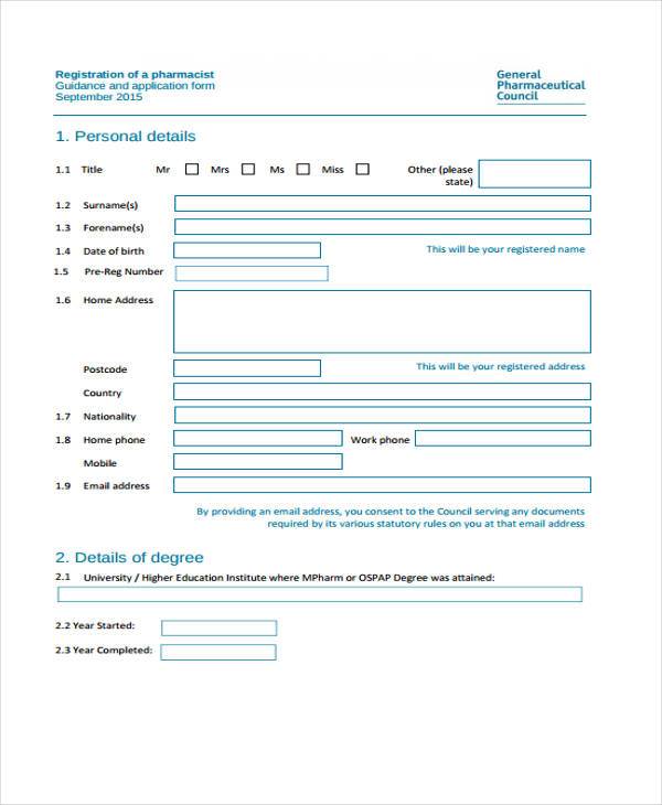 pharmacist registration form example