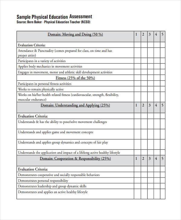 physical education assessment form
