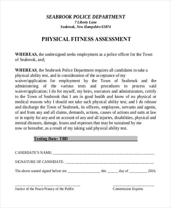 physical fitness assessment form