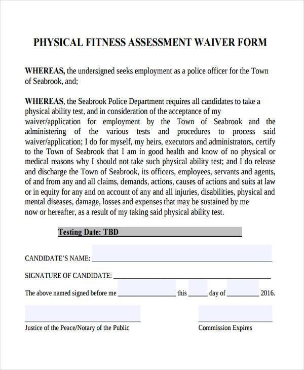 physical fitness assessment waiver form