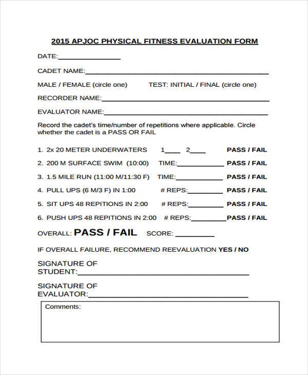physical fitness evaluation form