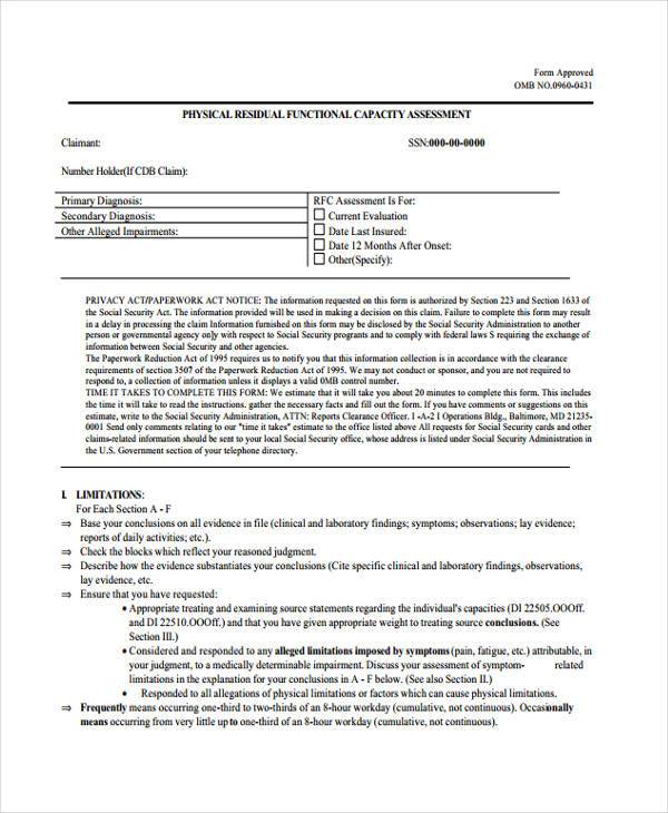 Printable Functional Capacity Evaluation Sample