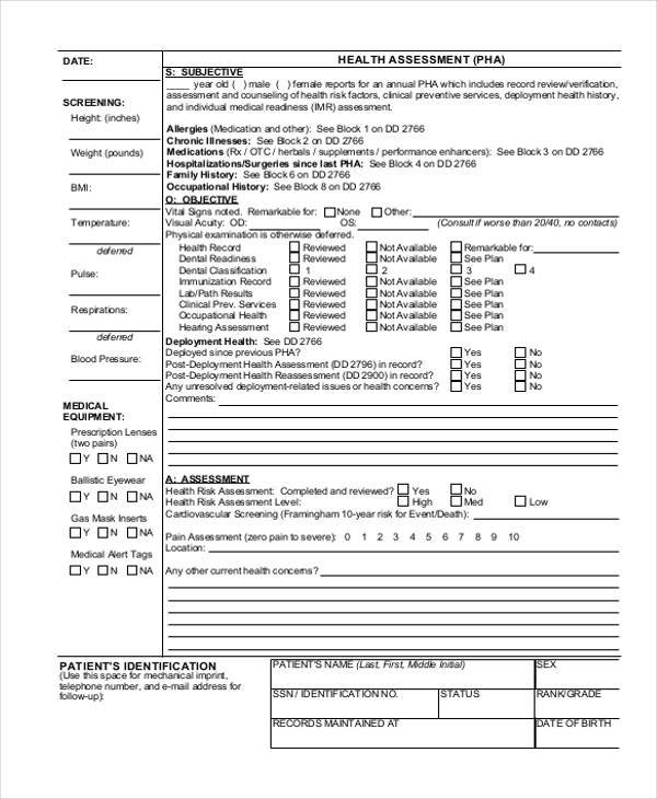 physical health assessment form