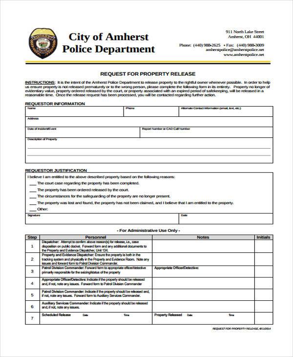 police property release form example