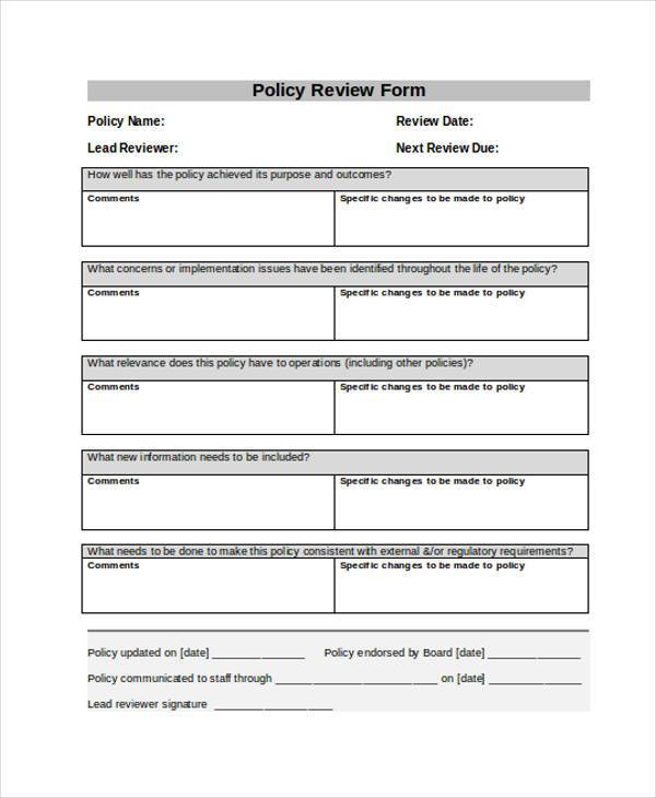 FREE 8 Sample Policy Review Forms In PDF MS Word