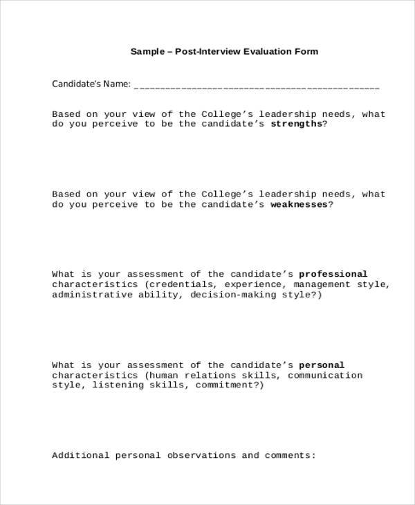 post interview evaluation form example