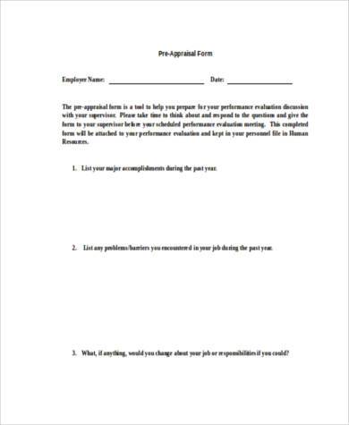pre appraisal form in word format