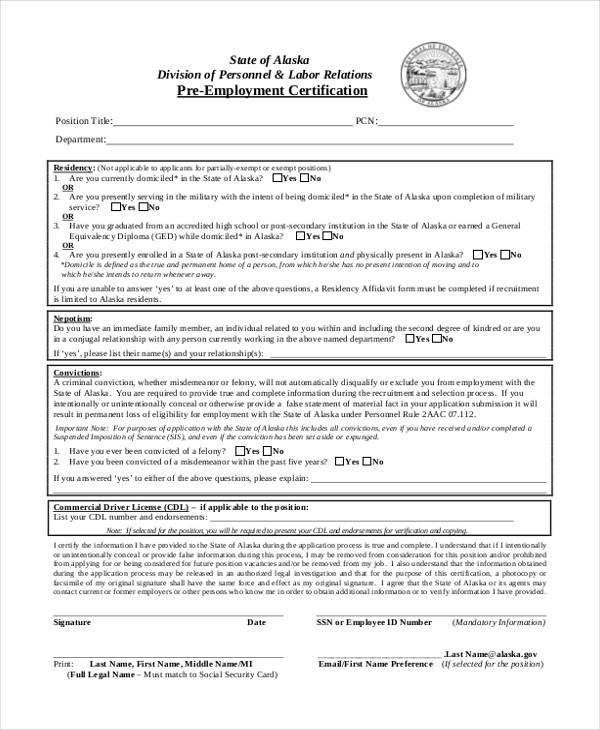 pre employment certification form