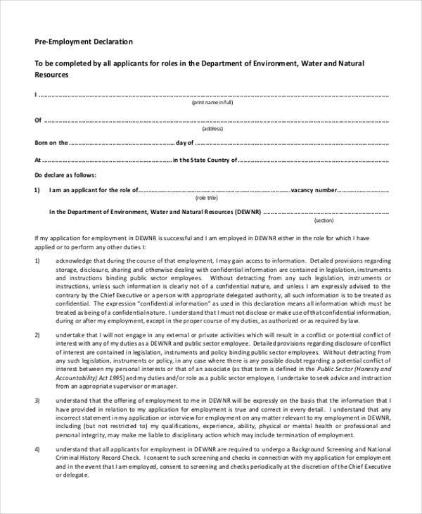 pre employment declaration form