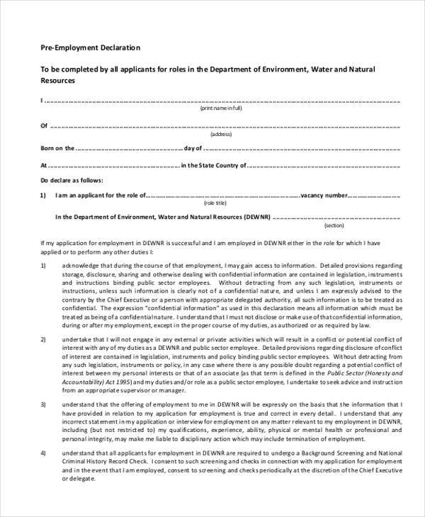 pre employment declaration form1
