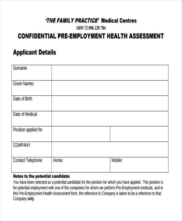 pre employment medical form