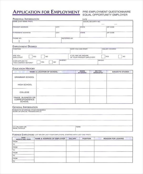 Printable Pre Employment Questionnaire Template Printable Templates