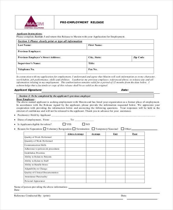 pre employment release form