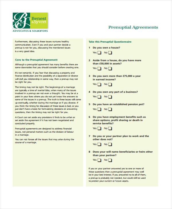 pre nuptial agreement sample form