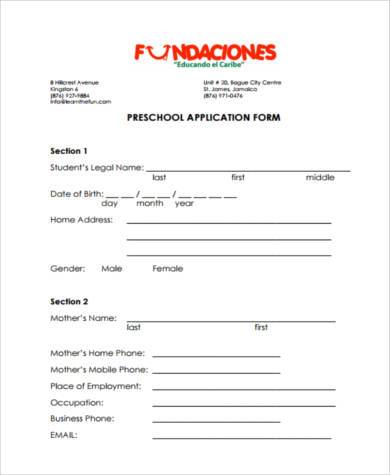 pre school application form example