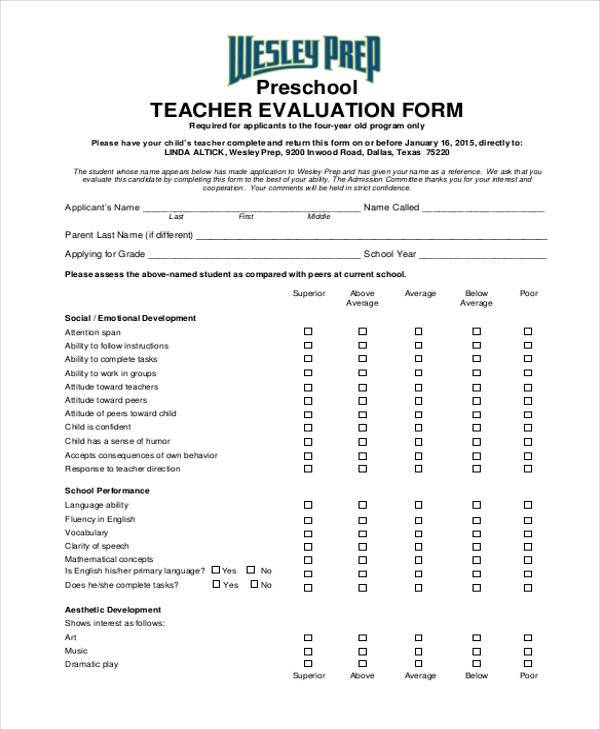 pre-k teacher evaluation forms
 FREE 6+ Teacher Evaluation Form Samples in Sample, Example ...