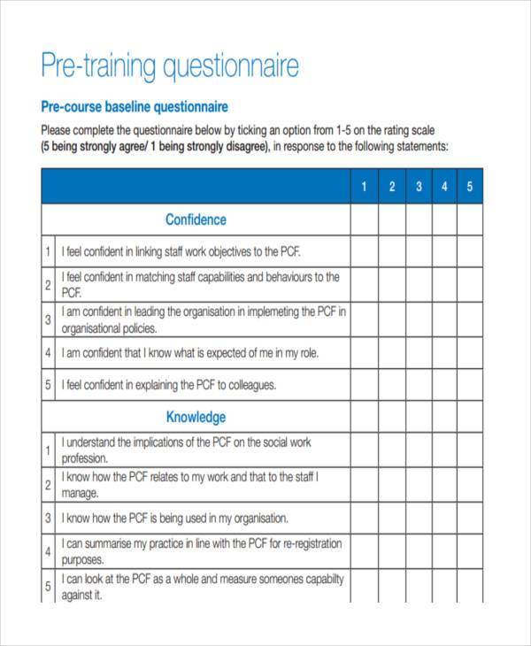 pre training assessment questionnaire form
