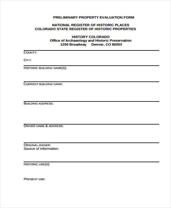 preliminary property evaluation form