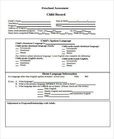 preschool assessment child record form