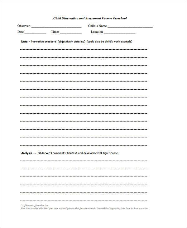 preschool assessment sample form