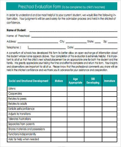 Assessment Form For Preschool