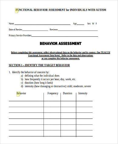 preschool behavior assessment form
