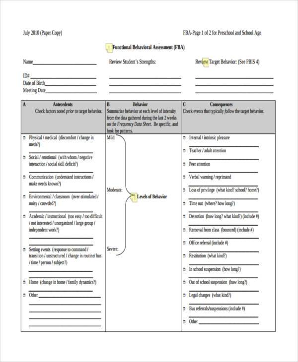 preschool functional behavior assessment form