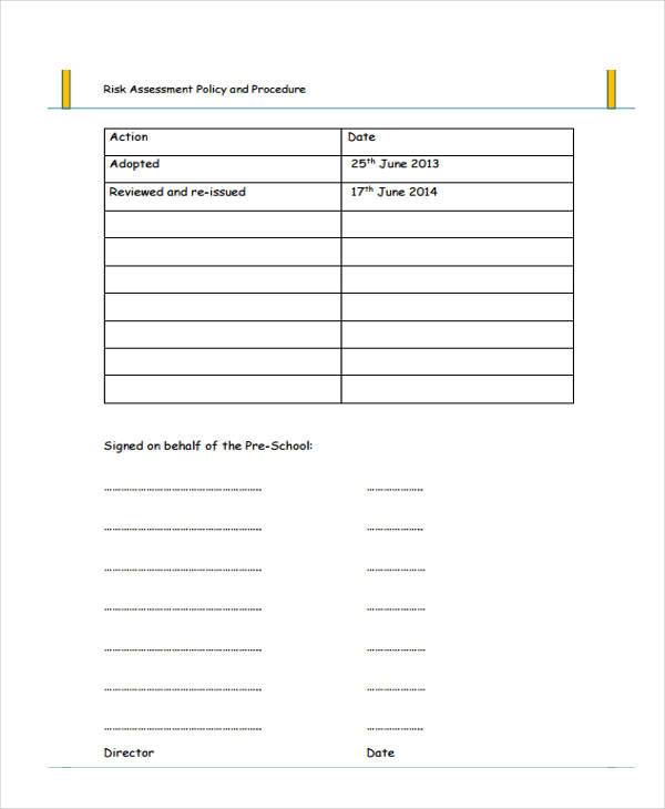 preschool risk assessment policy form sample