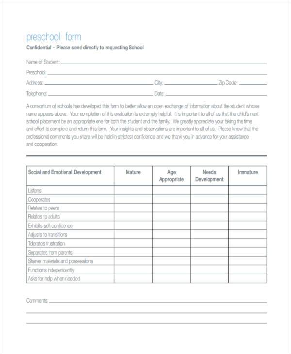 preschool student assessment form sample