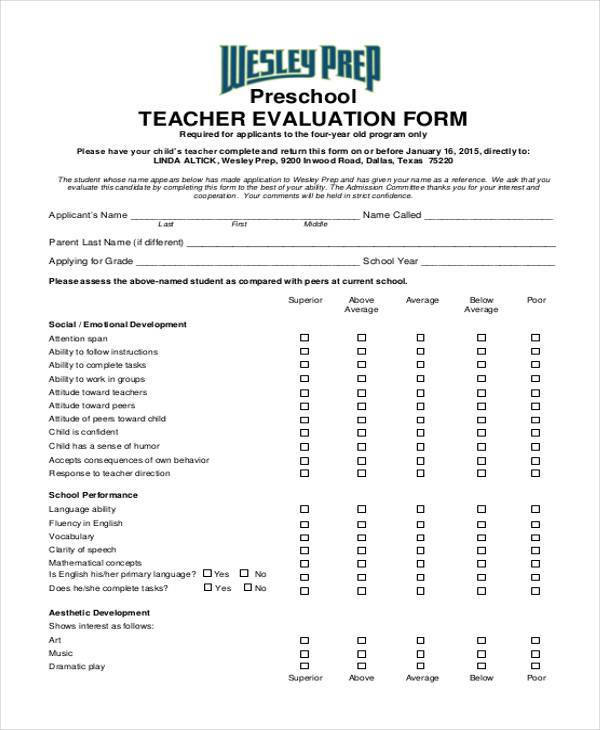 preschool teacher appraisal form