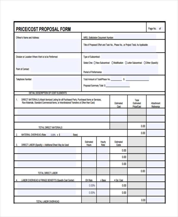 price cost proposal form