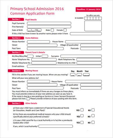 primary school application form sample