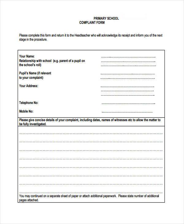 primary school complaint form
