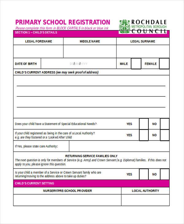 primary school registration form