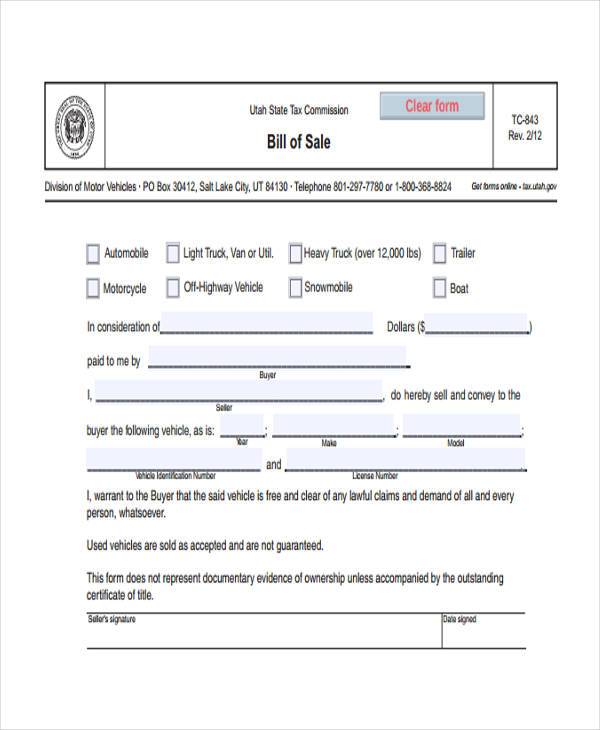 FREE 7 Sample ATV Bill Of Sale Forms In PDF MS Word