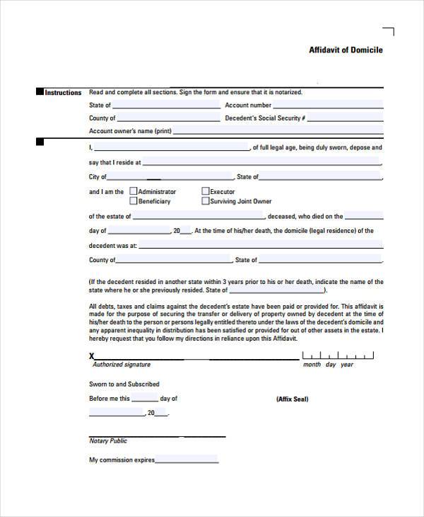 Printable Affidavit Of Domicile Form 8577