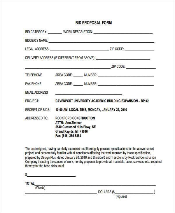 printable blank bid proposal form