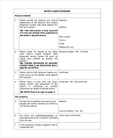 printable buyer questionnaire form