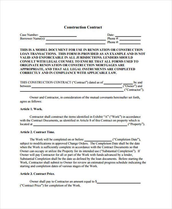 Printable Construction Contract Forms Printable Forms Free Online