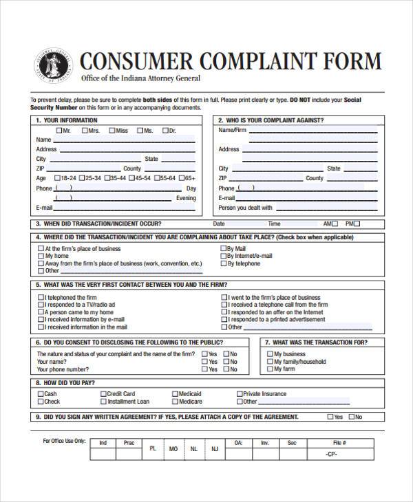 FREE 9 Sample Consumer Plaint Forms In MS Word